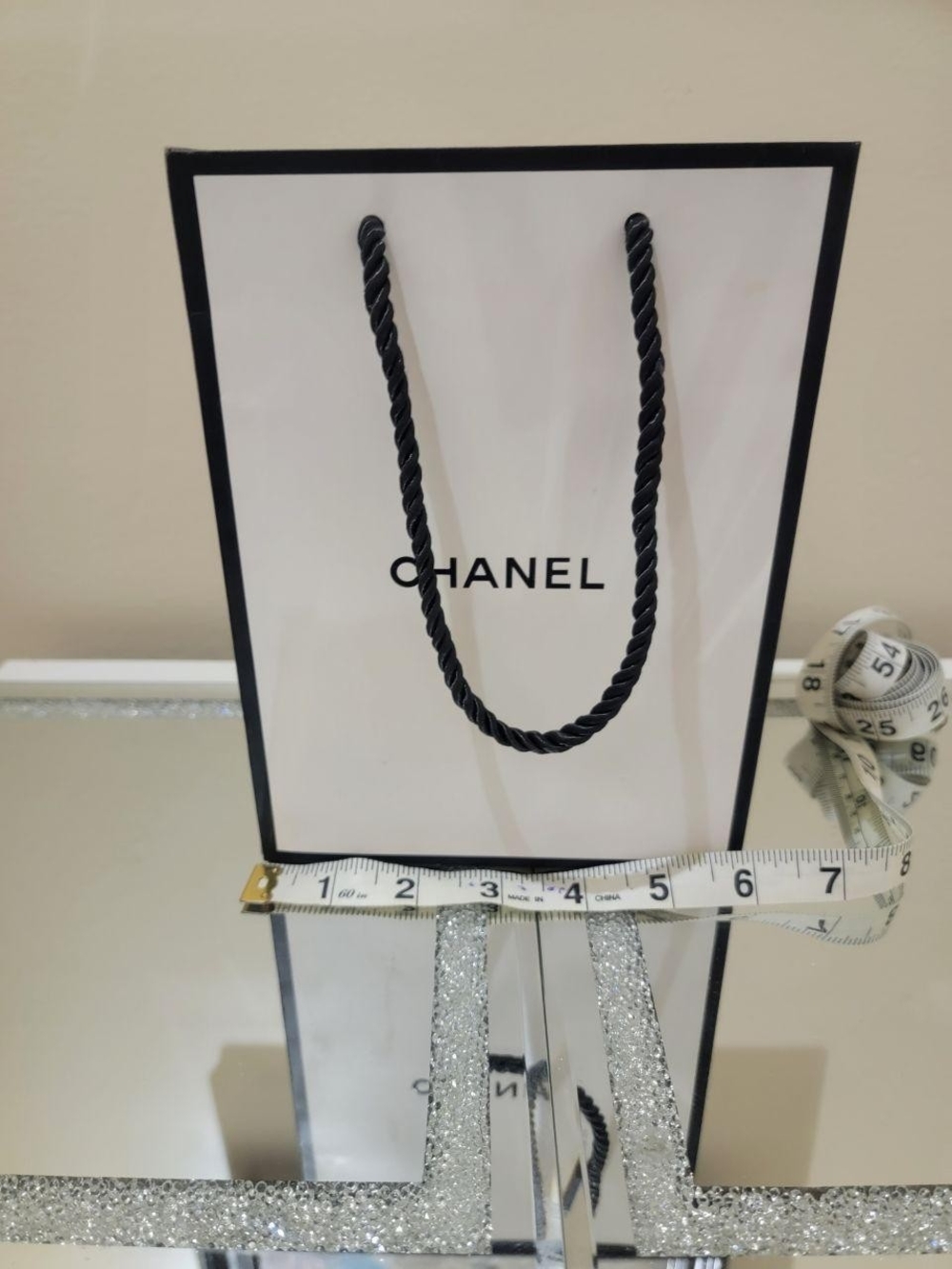 CHANEL White and Black Paper Shopping Bag with Rope Handles